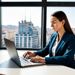 **

A professional businesswoman, fully clothed in a modest business suit, sitting at a desk in a modern office in Madrid. She is working on a laptop. Appropriate attire, safe for work, perfect anatomy, natural proportions, professional photography, high quality, family-friendly. The office has large windows with a view of the Gran Vía.

**