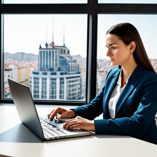 Home 15 **
A professional businesswoman, fully clothed in a modest business suit, sitting at a desk in a modern office in Madrid. She is working on a laptop. Appropriate attire, safe for work, perfect anatomy, natural proportions, professional photography, high quality, family-friendly. The office has large windows with a view of the Gran Vía.
**