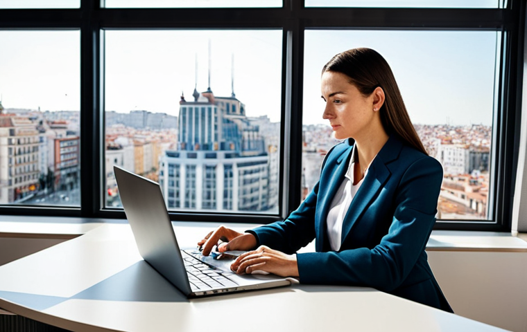 **

A professional businesswoman, fully clothed in a modest business suit, sitting at a desk in a modern office in Madrid. She is working on a laptop. Appropriate attire, safe for work, perfect anatomy, natural proportions, professional photography, high quality, family-friendly. The office has large windows with a view of the Gran Vía.

**