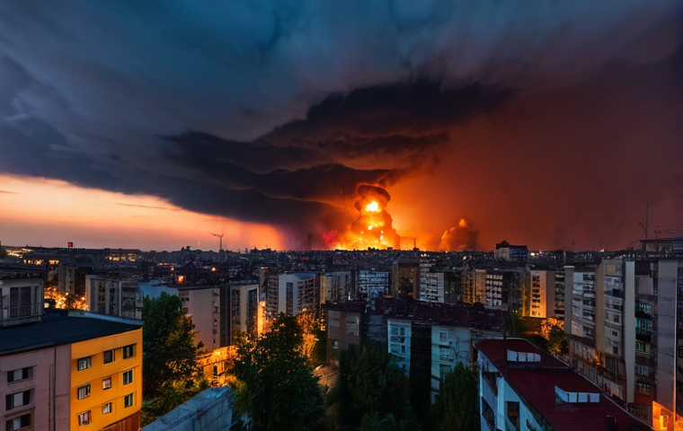 세르비아 NATO 공습 1999 - **Image Prompt 1: The Sky Darkened Over Belgrade**
    "A dramatic, wide-angle shot of a city skylin...