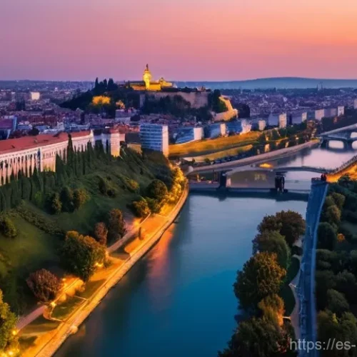 세르비아 내 특이점 - **Prompt:** "A panoramic view of Belgrade from Kalemegdan Fortress at dusk. The ancient fortress wal...