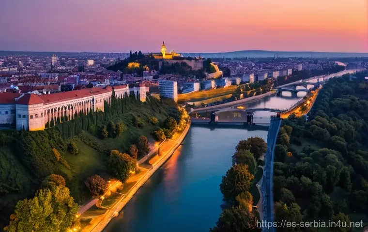 세르비아 내 특이점 - **Prompt:** "A panoramic view of Belgrade from Kalemegdan Fortress at dusk. The ancient fortress wal...