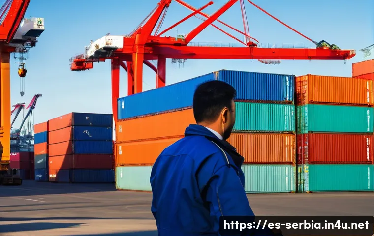 세르비아 내 국제 범죄 이슈 - **Prompt:** A dynamic, high-angle shot capturing a bustling, modern European cargo port at sunrise. ...