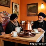 세르비아의 카페 문화 - **Prompt 1: A Bustling Traditional Serbian Kafana**
    "A vibrant, richly detailed scene inside a t...