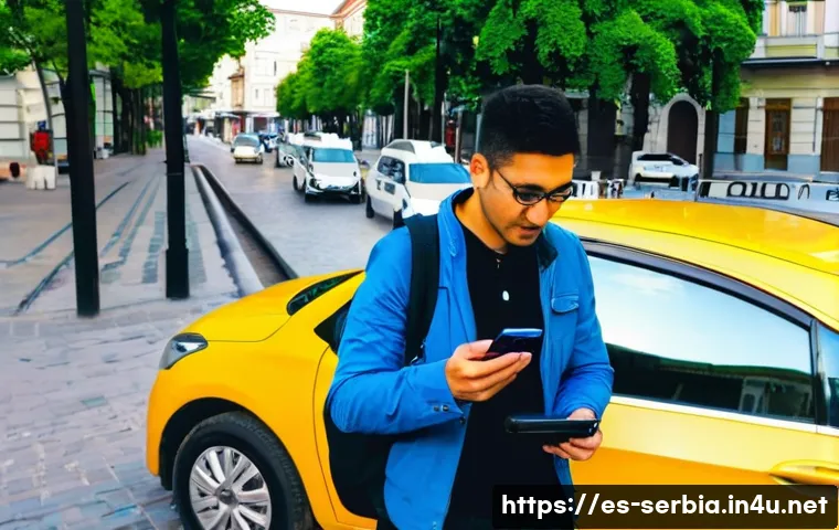 세르비아에서 주의해야 할 사기 유형 - A detailed urban street scene in Belgrade, Serbia, showing a tourist cautiously negotiating with a t...
