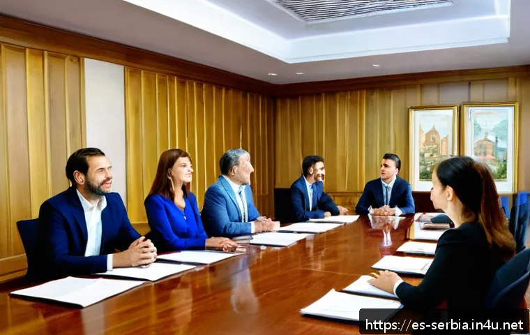세르비아에서 실례가 되는 행동 - A professional business meeting scene in Serbia, featuring well-dressed men and women in elegant but...