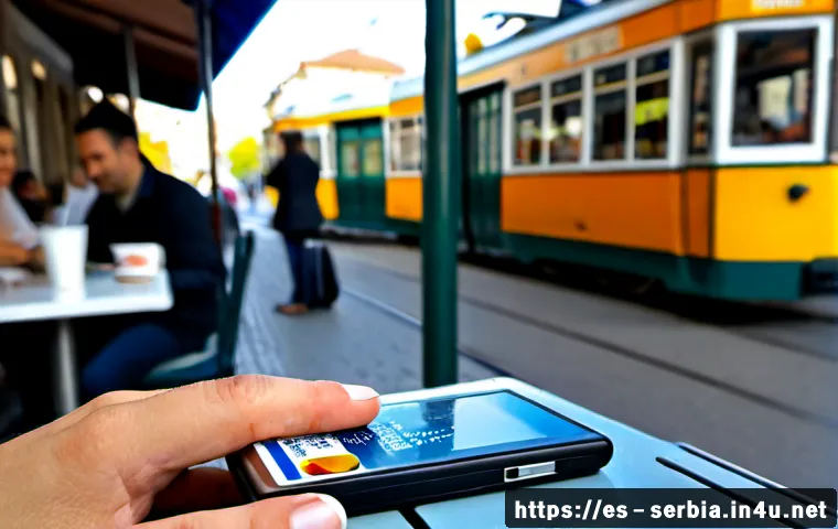세르비아 여행 중 유심카드 사용 - Photorealistic travel scene in Belgrade, Serbia: Spanish-speaking tourist seated at a sunny outdoor ...