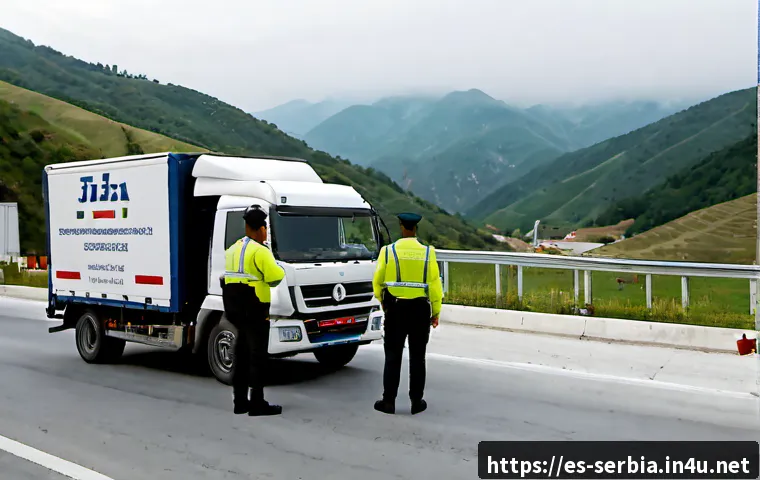 세르비아의 마약 밀수 문제 - Photorealistic Serbian border inspection scene at dawn, customs officers in neutral uniforms careful...