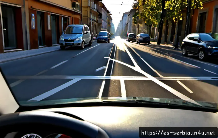 세르비아 운전 시 주의할 점 - Photorealistic view from inside a modern car driving on the right side of a Serbian city street, cau...